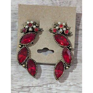 Vintage Dangle Clip-On Earrings Red Rhinestones & Faux Pearls Estate Statement